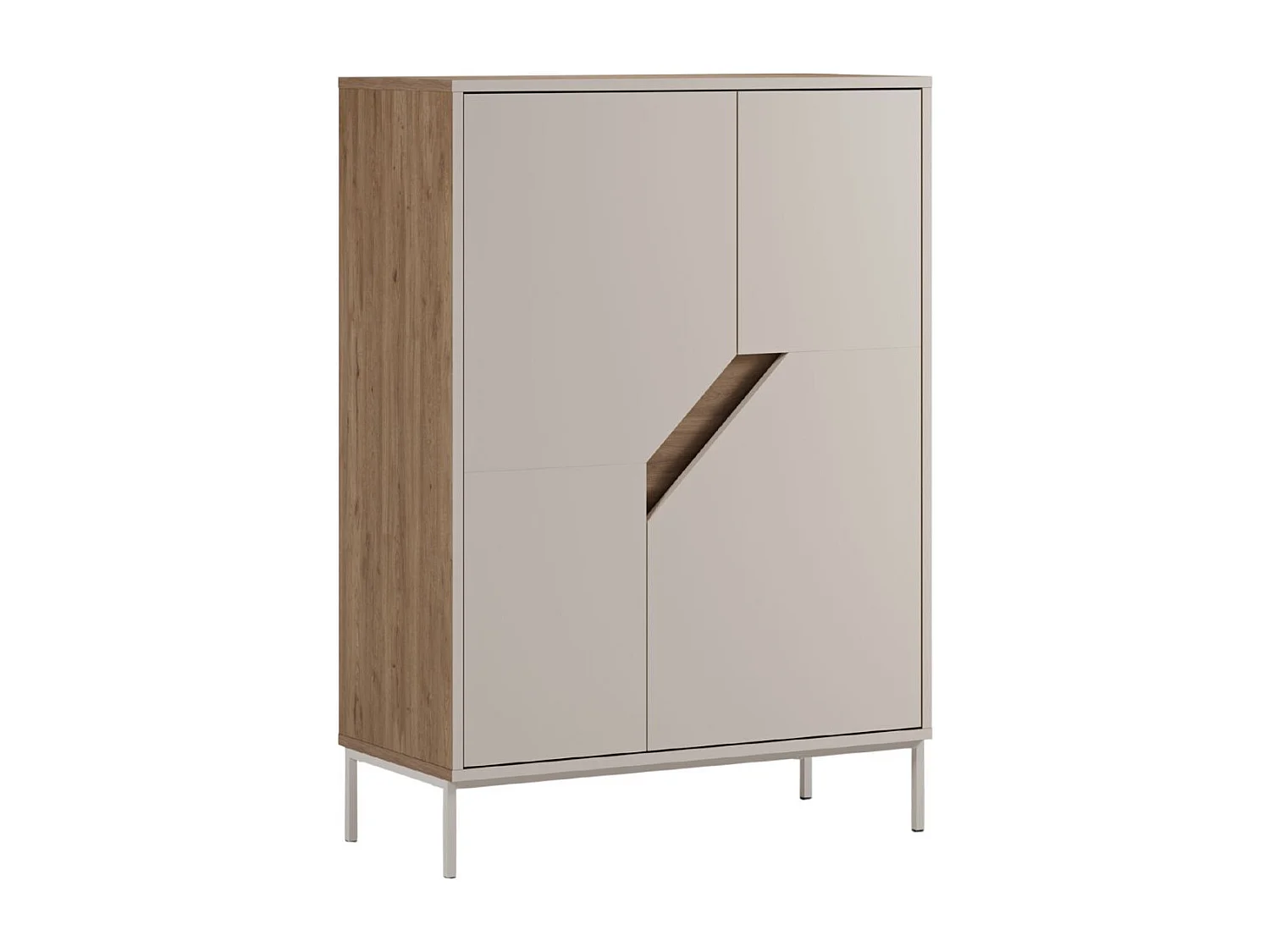 Meuble de rangement 2 portes en mélaminé beige et imitation bois avec découpe graphique oblique - ANOUK