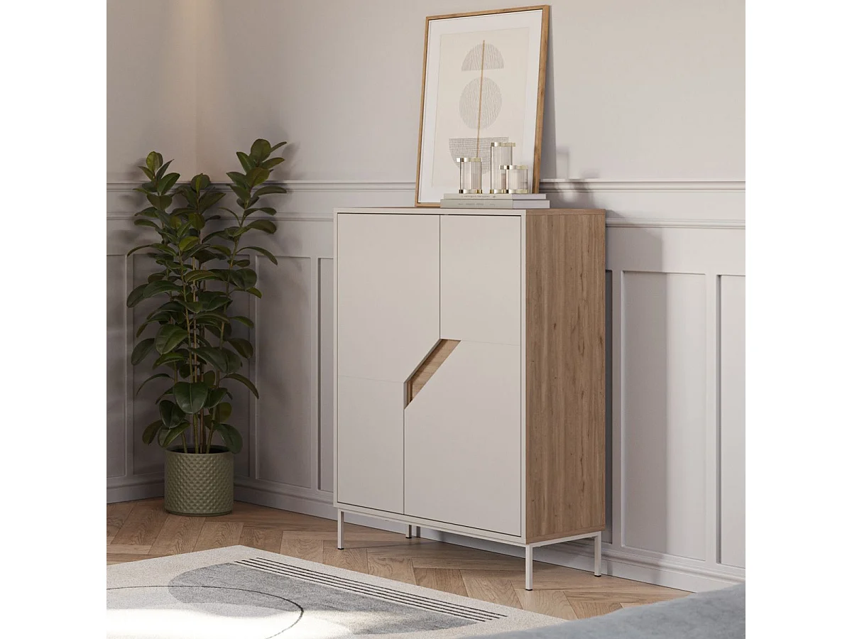 Meuble de rangement 2 portes en mélaminé beige et imitation bois avec découpe graphique oblique - ANOUK