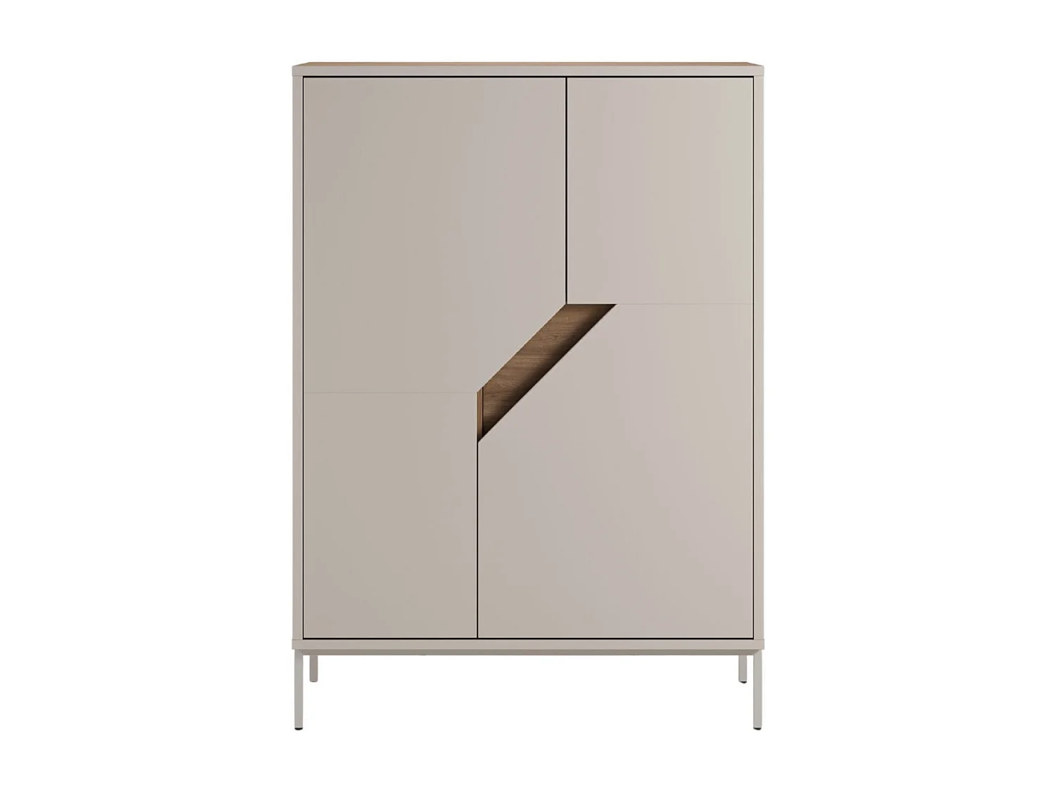 Meuble de rangement 2 portes en mélaminé beige et imitation bois avec découpe graphique oblique - ANOUK