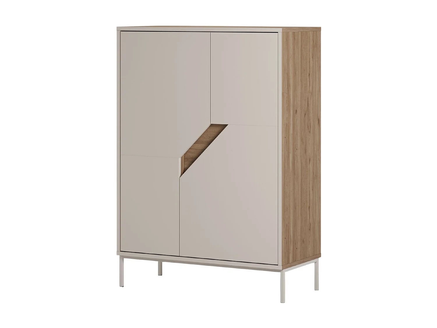 Meuble de rangement 2 portes en mélaminé beige et imitation bois avec découpe graphique oblique - ANOUK