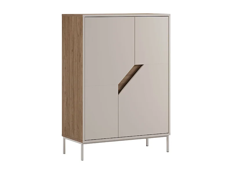 Meuble de rangement 2 portes en mélaminé beige et imitation bois avec découpe graphique oblique - ANOUK