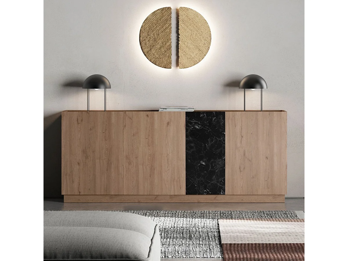 Buffet 4 portes 180cm en mélaminé imitation bois et marbre noir - ODALYS