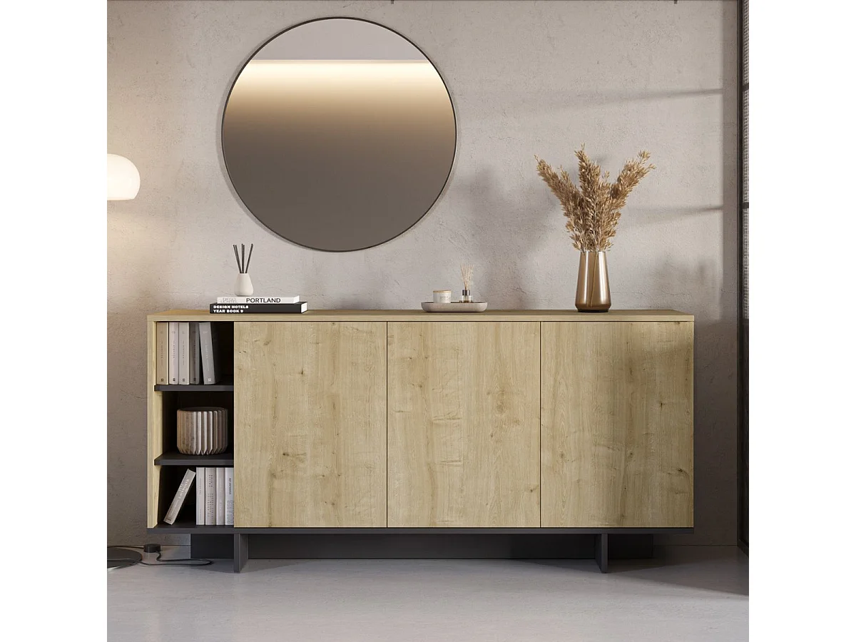 Buffet 3 portes 3 niches 170cm en mélaminé imitation bois et noir - ESQUISSE