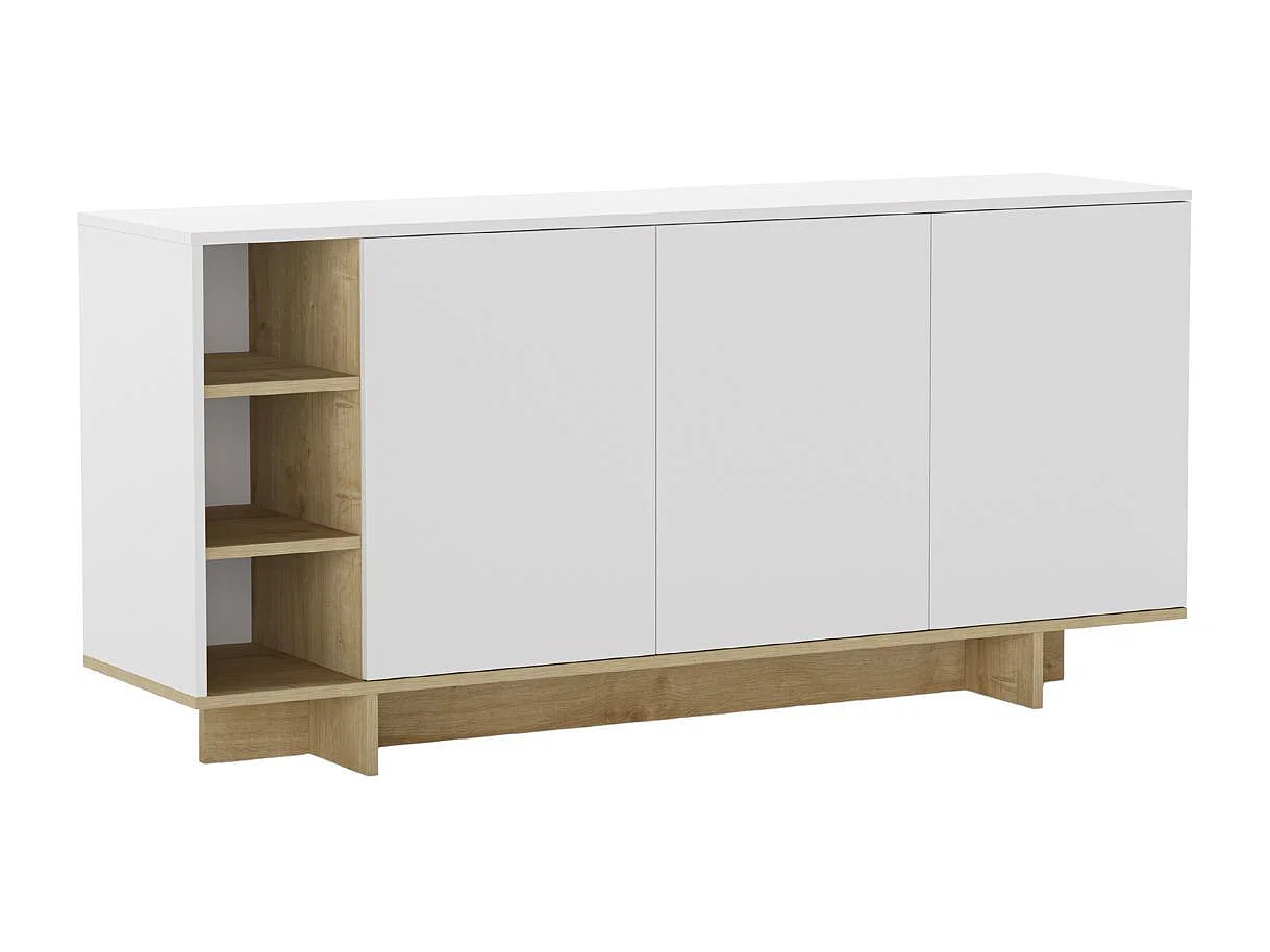 Buffet 3 portes 3 niches 170cm en mélaminé blanc et imitation bois - ESQUISSE