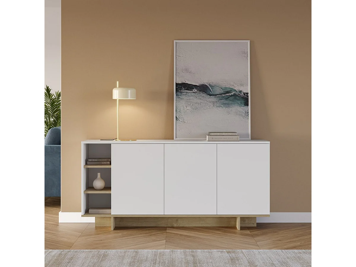 Buffet 3 portes 3 niches 170cm en mélaminé blanc et imitation bois - ESQUISSE