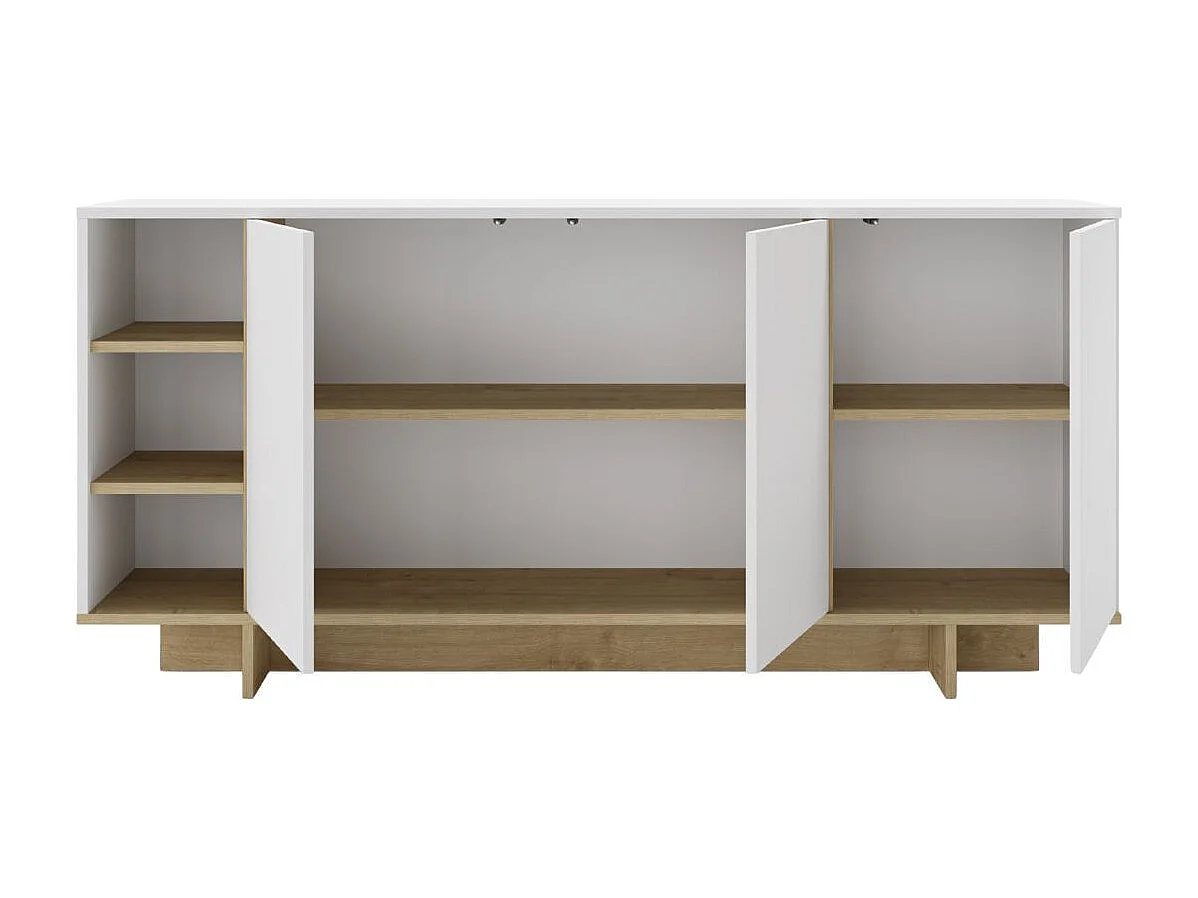 Buffet 3 portes 3 niches 170cm en mélaminé blanc et imitation bois - ESQUISSE
