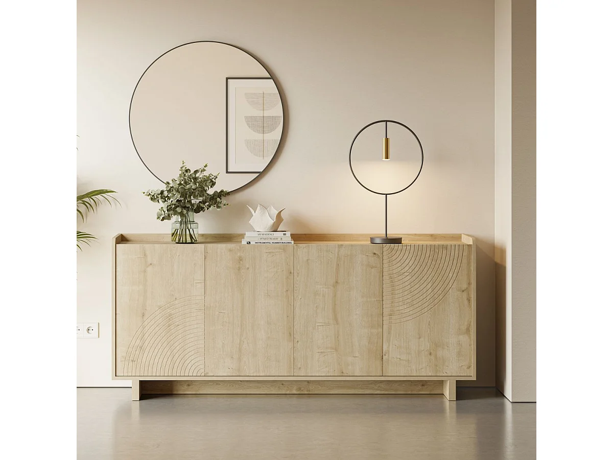 Buffet 4 portes 180cm en mélaminé imitation bois décor relief fraisé - RIAD