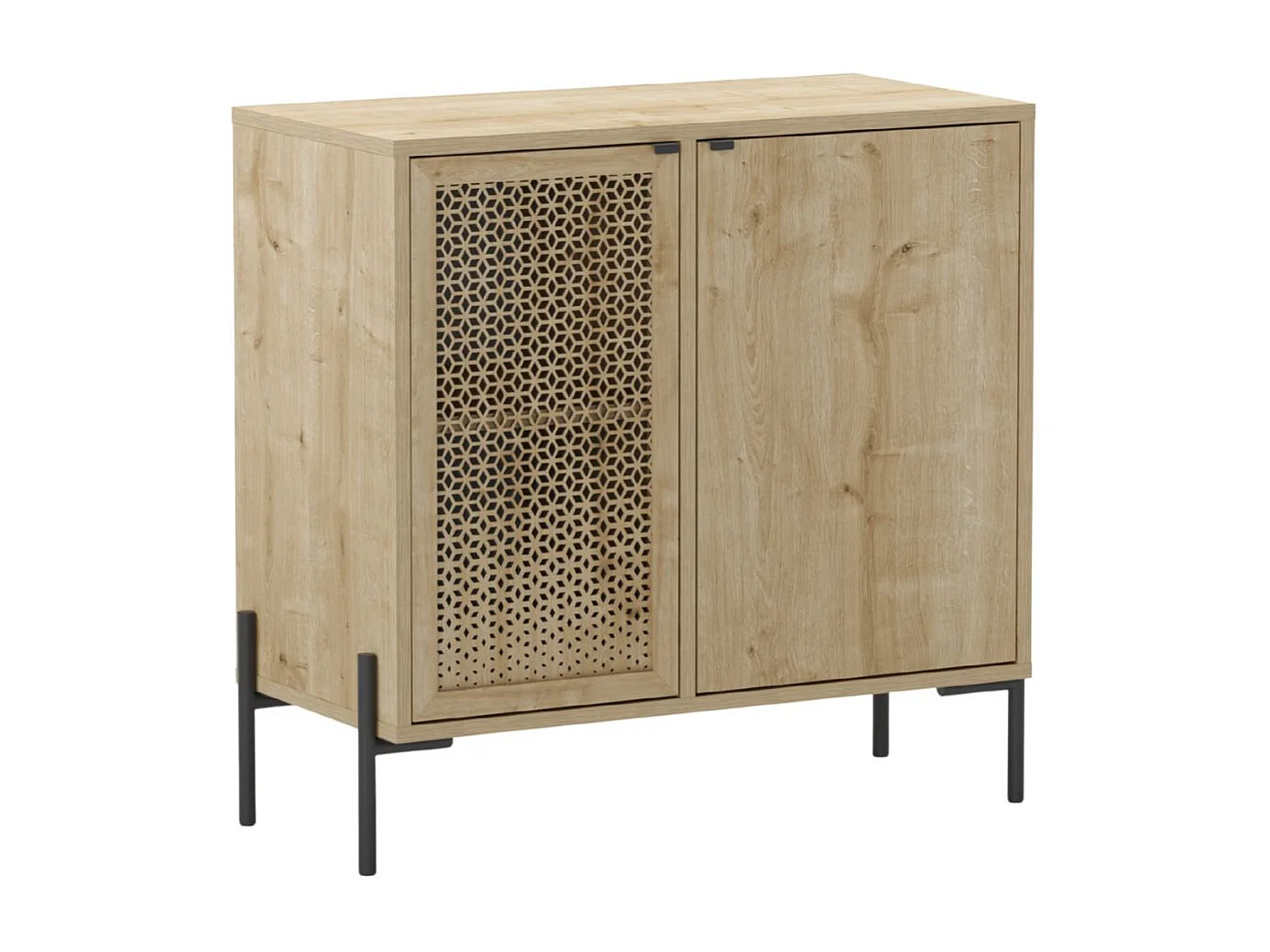Meuble de rangement 2 portes en mélaminé imitation bois clair avec 1 porte sculptée piètement métal noir - MELISSA
