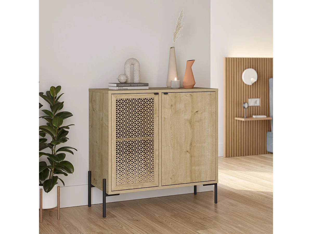 Meuble de rangement 2 portes en mélaminé imitation bois clair avec 1 porte sculptée piètement métal noir - MELISSA