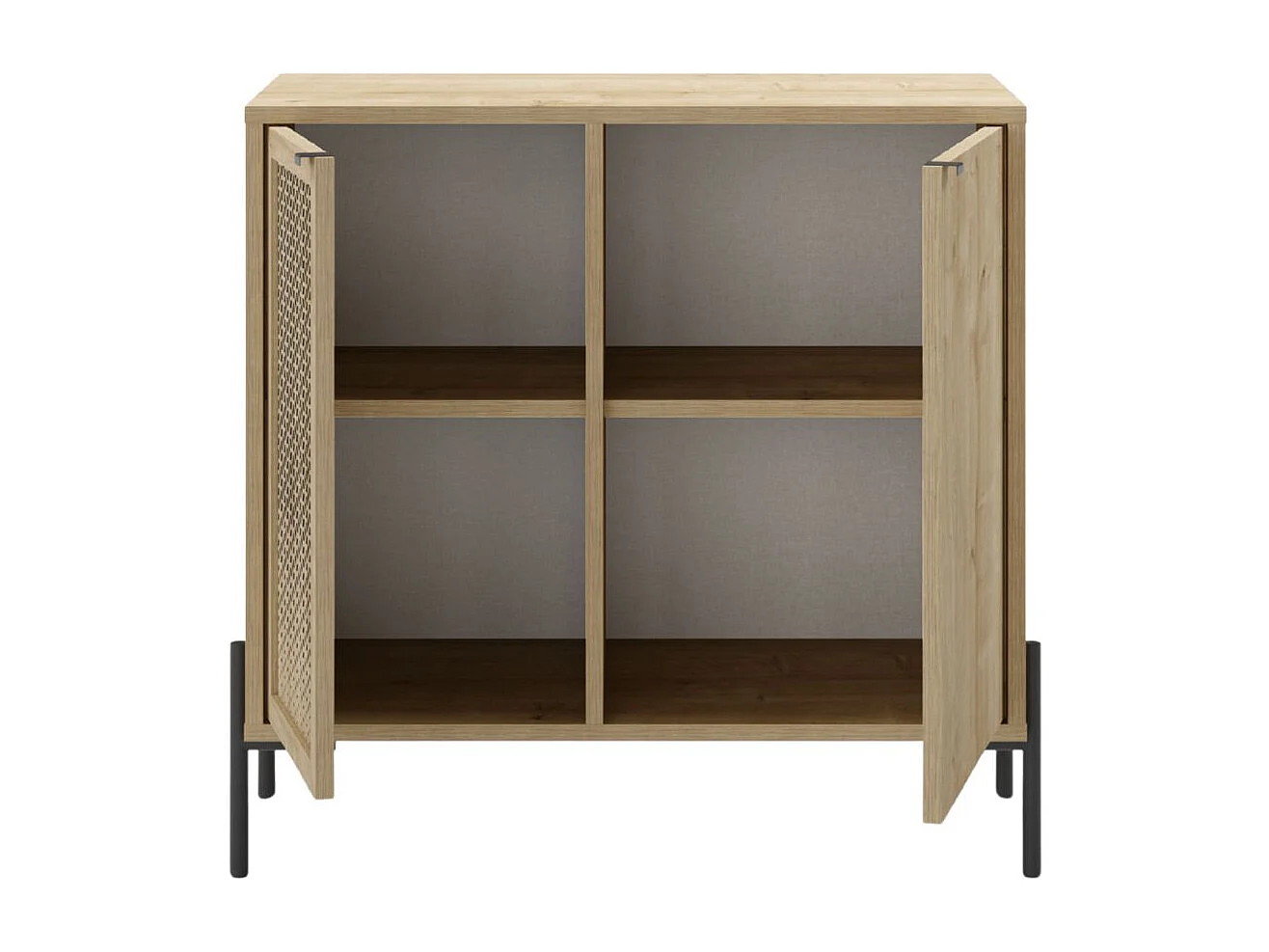 Meuble de rangement 2 portes en mélaminé imitation bois clair avec 1 porte sculptée piètement métal noir - MELISSA