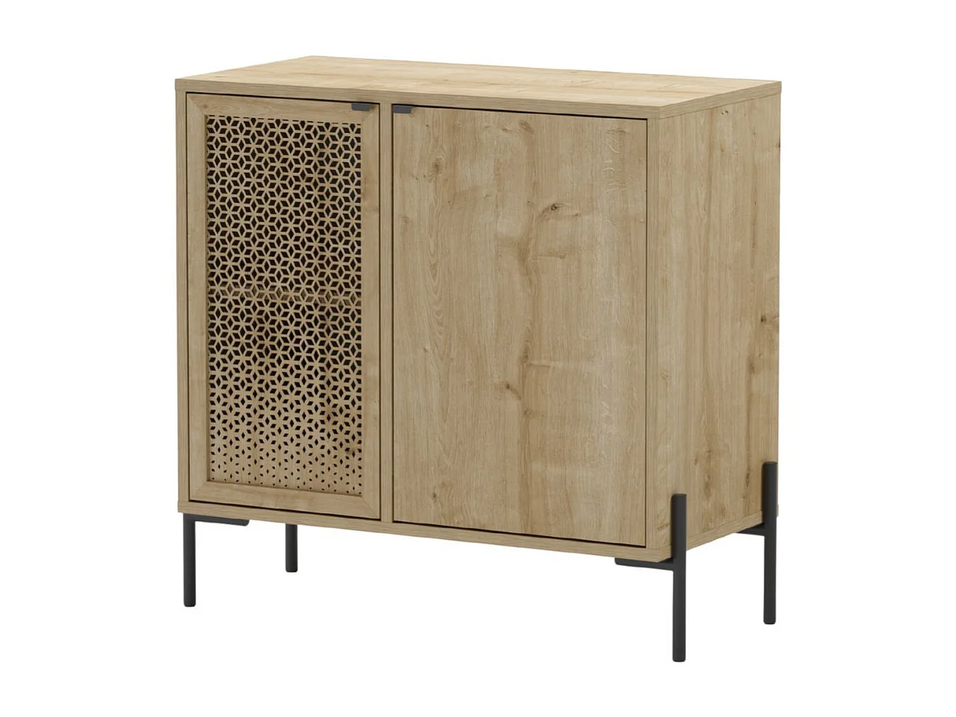 Meuble de rangement 2 portes en mélaminé imitation bois clair avec 1 porte sculptée piètement métal noir - MELISSA