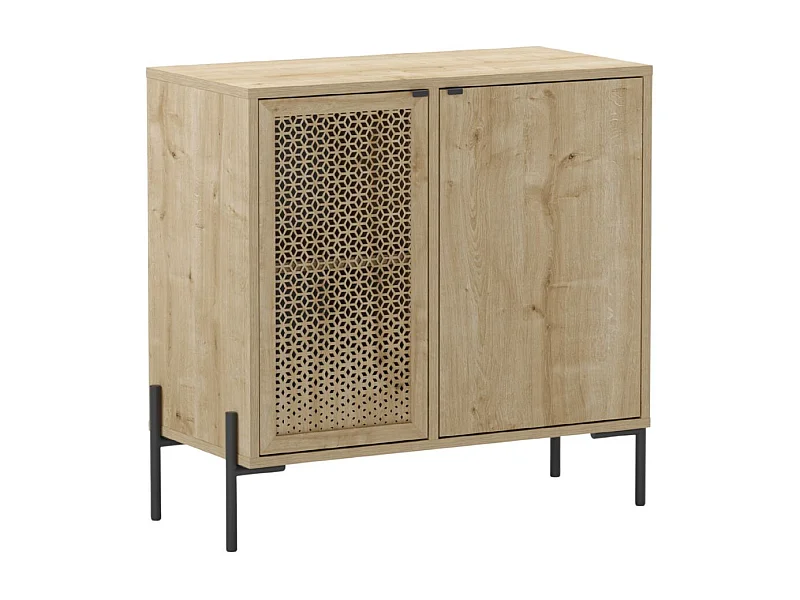Meuble de rangement 2 portes en mélaminé imitation bois clair avec 1 porte sculptée piètement métal noir - MELISSA