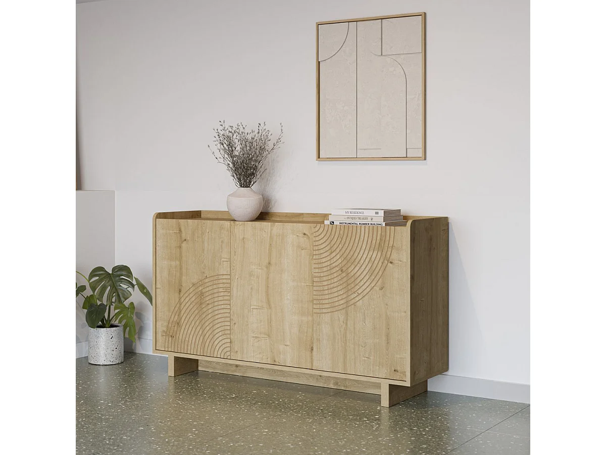 Buffet 3 portes 140cm en mélaminé imitation bois décor relief fraisé - RIAD