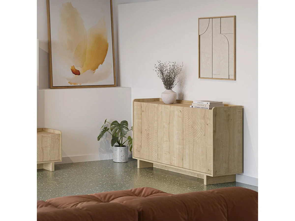 Buffet 3 portes 140cm en mélaminé imitation bois décor relief fraisé - RIAD