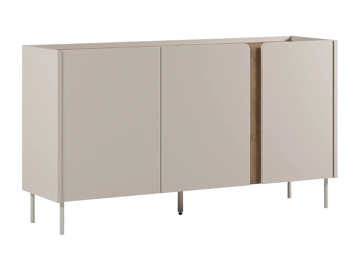 Buffet 3 portes 150cm en mélaminé beige et imitation bois avec découpe graphique bandeau - LIWENN