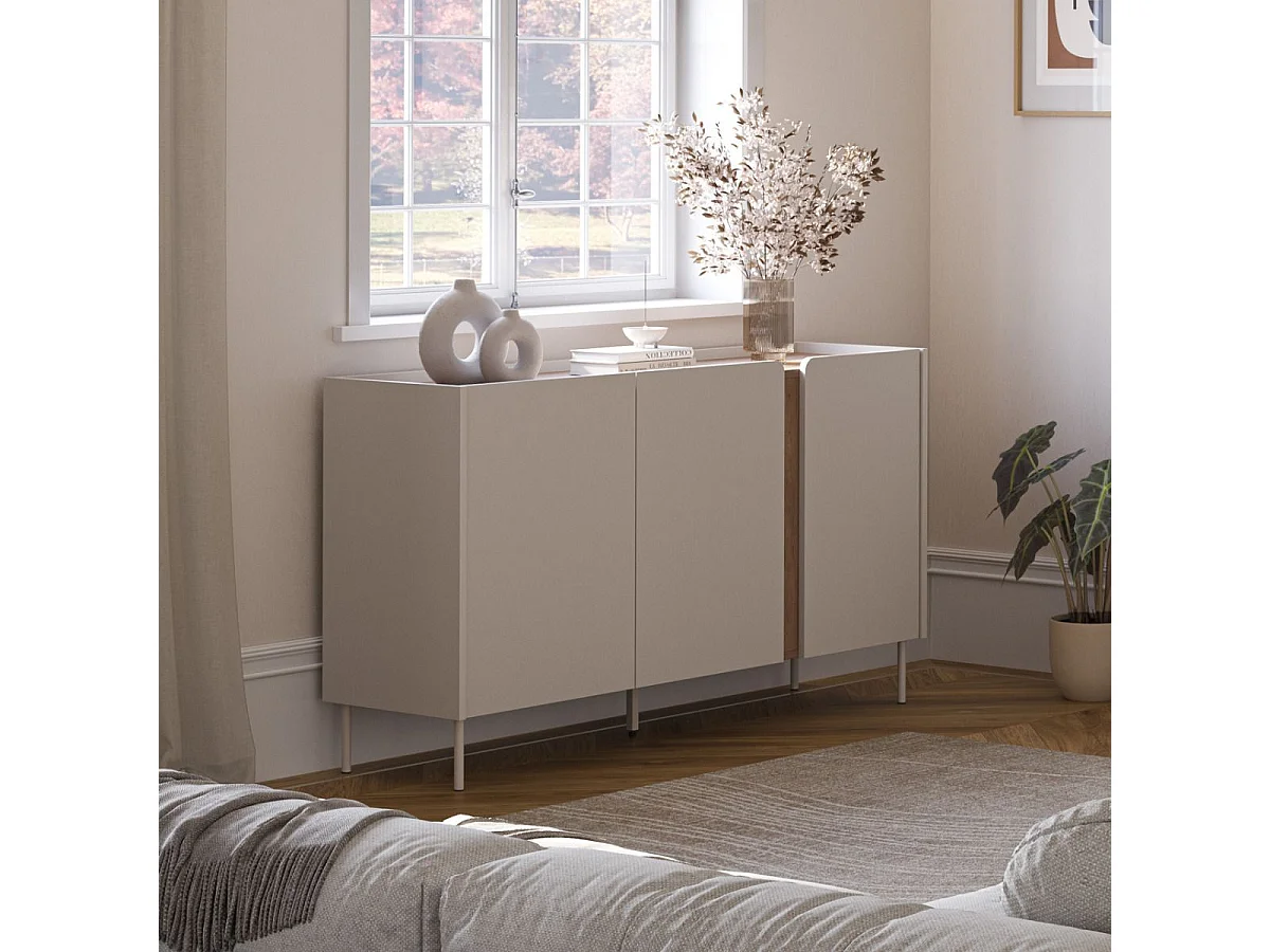Buffet 3 portes 150cm en mélaminé beige et imitation bois avec découpe graphique bandeau - LIWENN