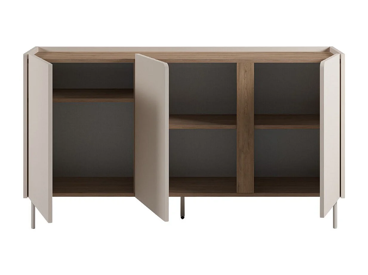 Buffet 3 portes 150cm en mélaminé beige et imitation bois avec découpe graphique bandeau - LIWENN