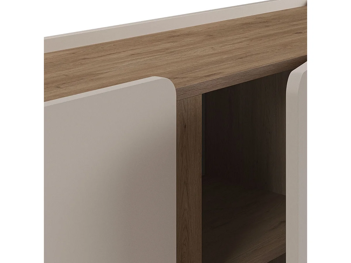 Buffet 3 portes 150cm en mélaminé beige et imitation bois avec découpe graphique bandeau - LIWENN