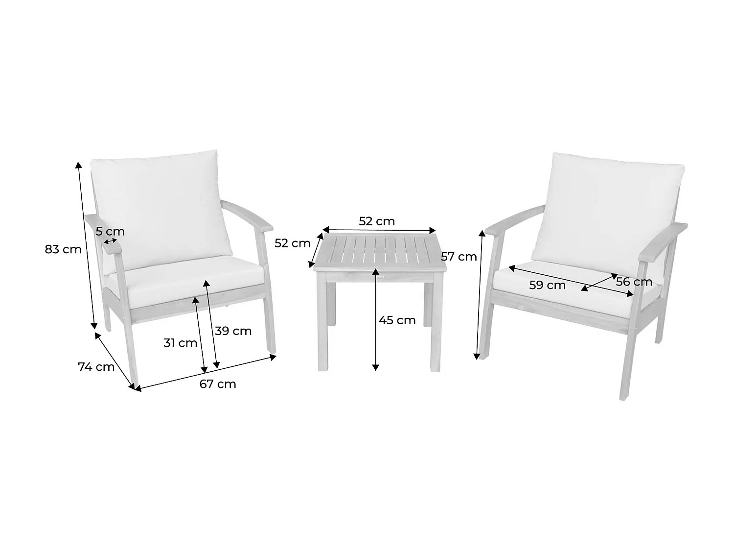 Salon de jardin bois d'acacia 2 places écru -  Fauteuils et table basse - Ushuaïa