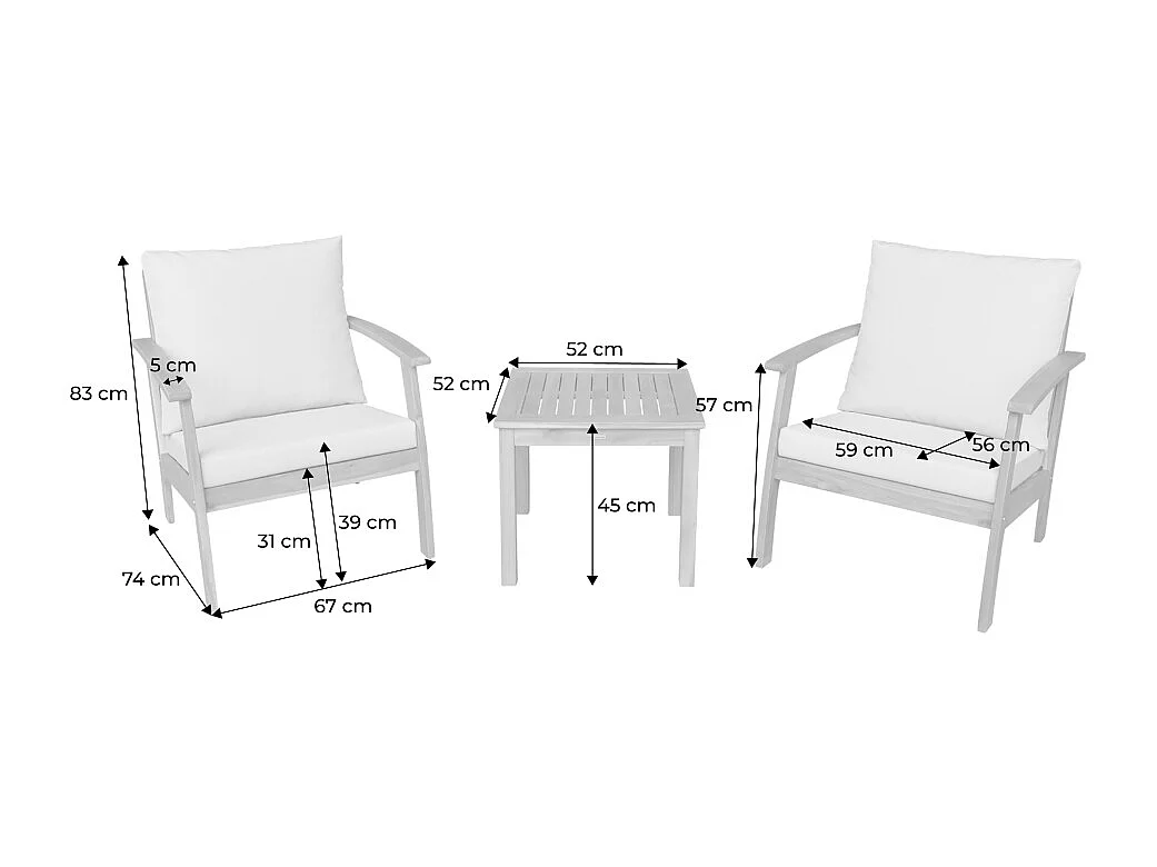 Salon de jardin bois d'acacia 2 places écru -  Fauteuils et table basse - Ushuaïa