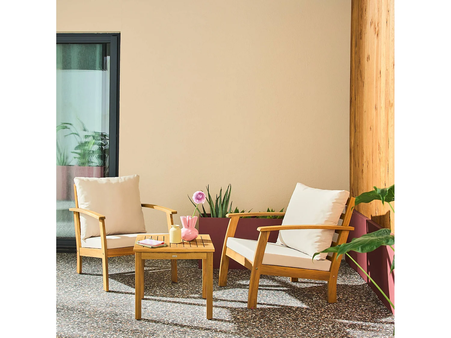 Salon de jardin bois d'acacia 2 places écru -  Fauteuils et table basse - Ushuaïa