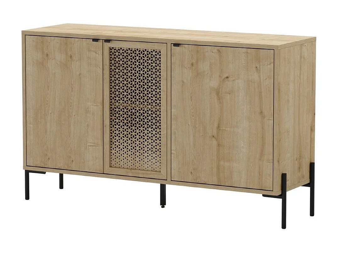 Buffet 3 portes en mélaminé imitation bois clair avec 1 porte sculptée piètement métal noir - MELISSA