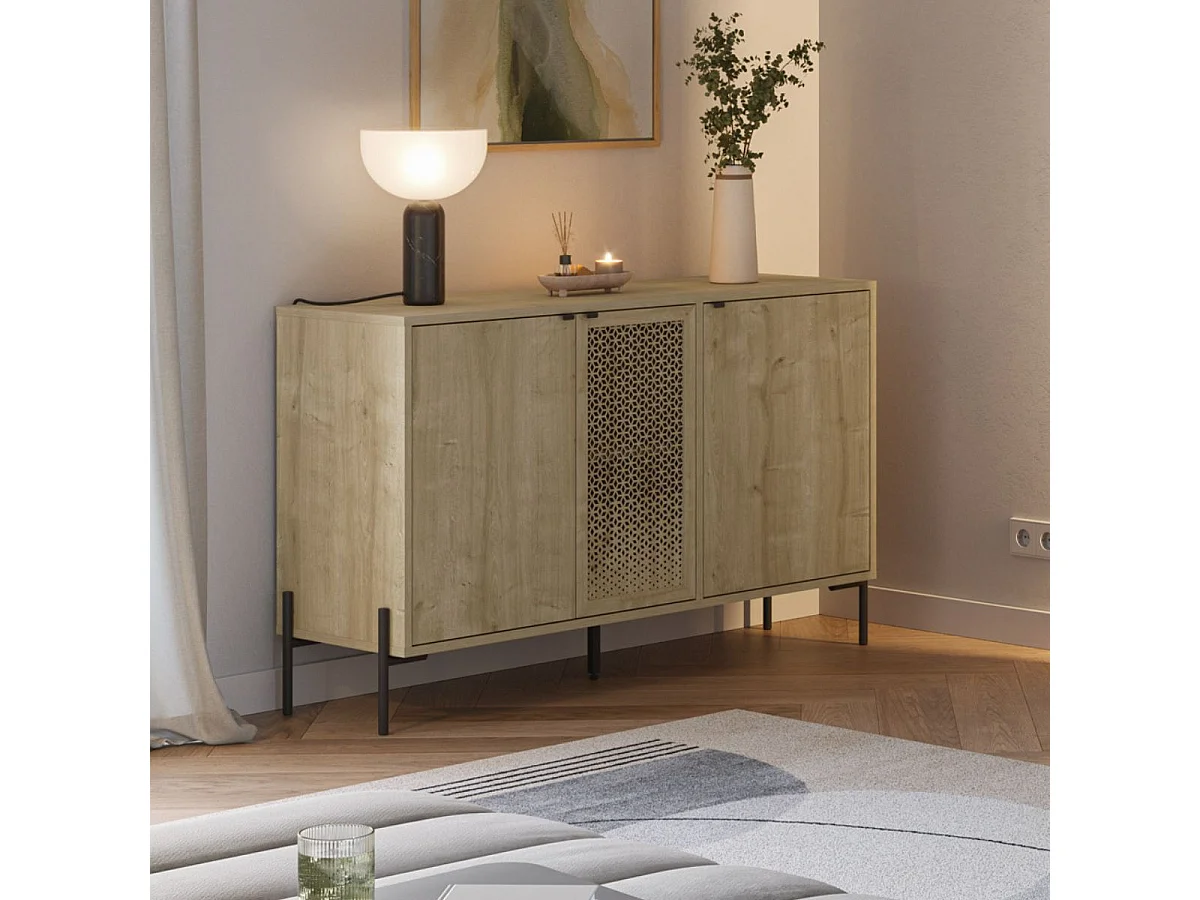 Buffet 3 portes en mélaminé imitation bois clair avec 1 porte sculptée piètement métal noir - MELISSA