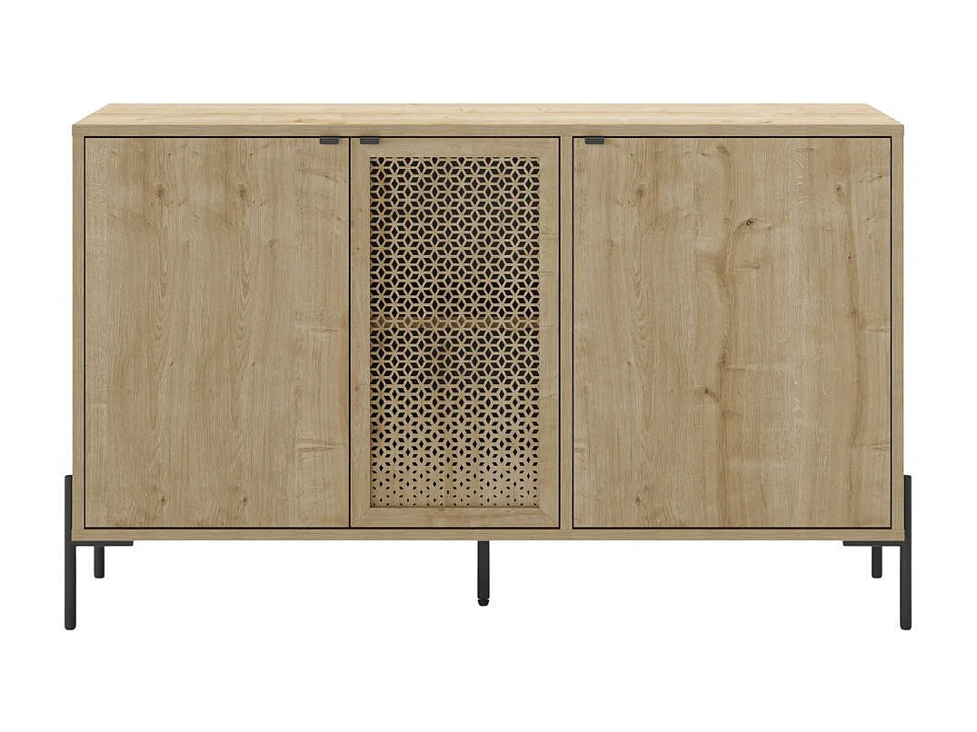 Buffet 3 portes en mélaminé imitation bois clair avec 1 porte sculptée piètement métal noir - MELISSA