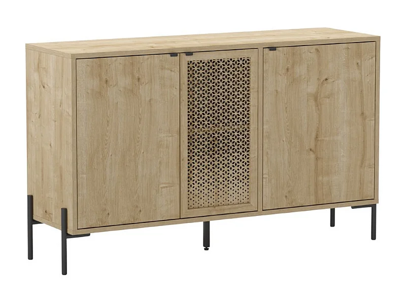 Buffet 3 portes en mélaminé imitation bois clair avec 1 porte sculptée piètement métal noir - MELISSA