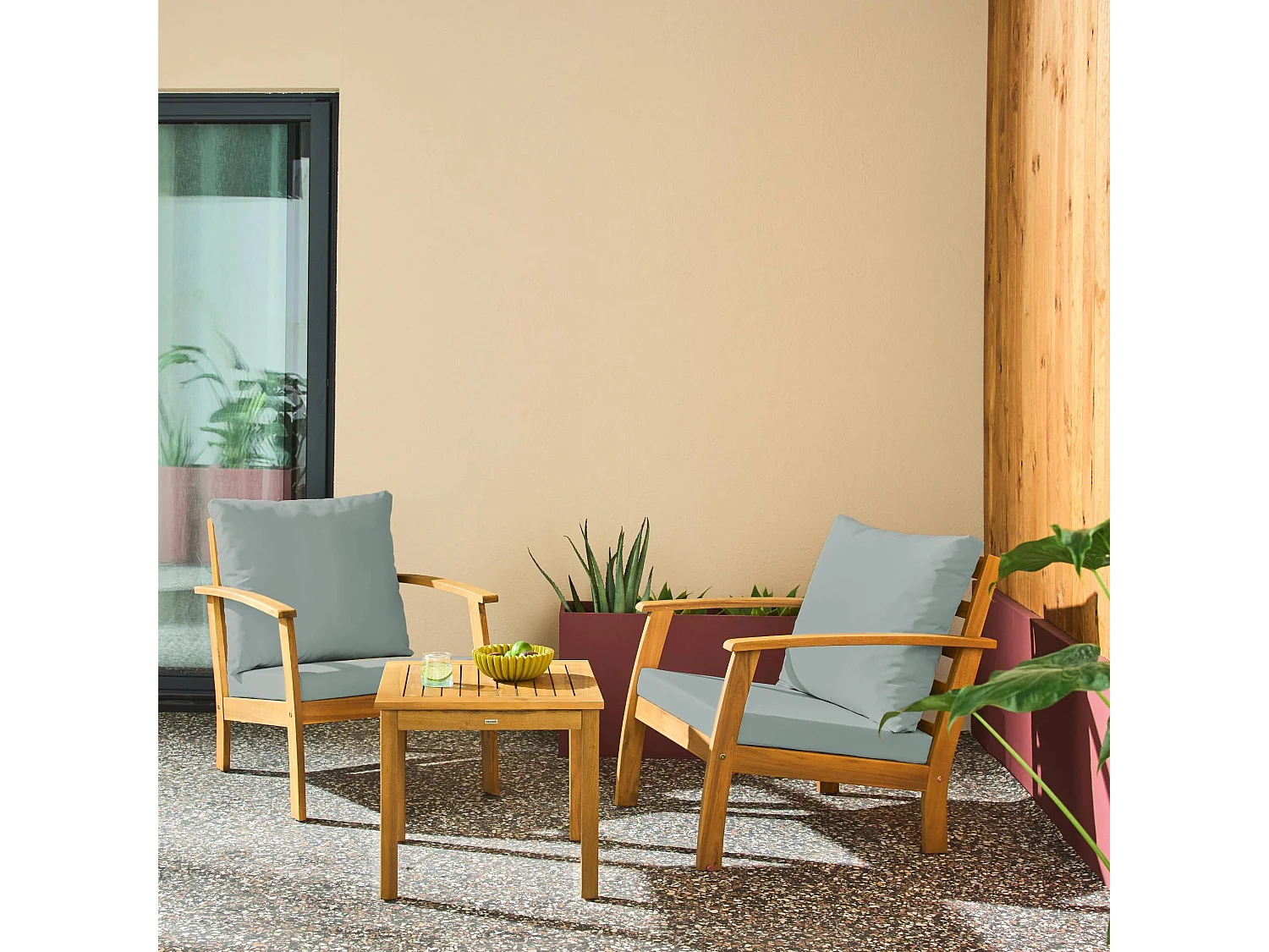 Salon de jardin bois d'acacia 2 places vert de gris -  Fauteuils et table basse - Ushuaïa