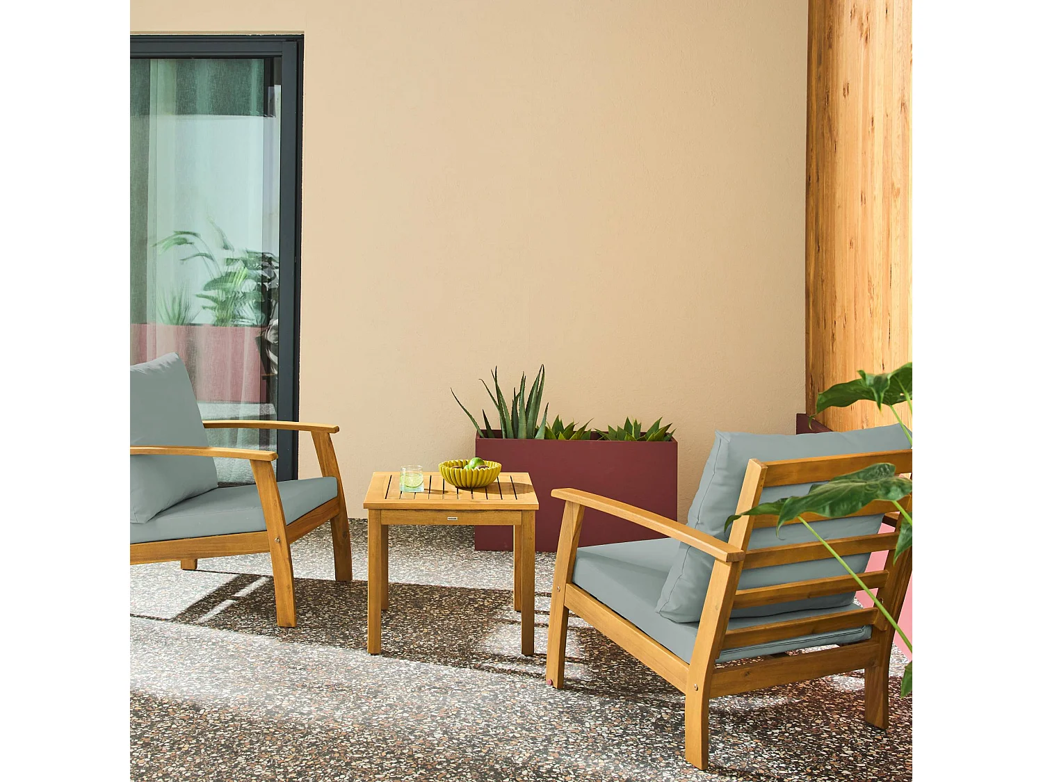 Salon de jardin bois d'acacia 2 places vert de gris -  Fauteuils et table basse - Ushuaïa