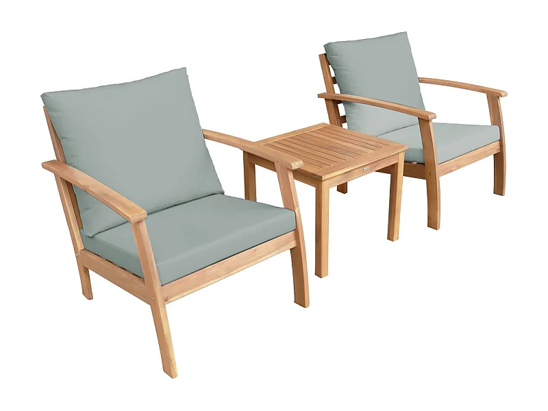 Set 2 poltrone con tavolo in legno di acacia, verde grigio