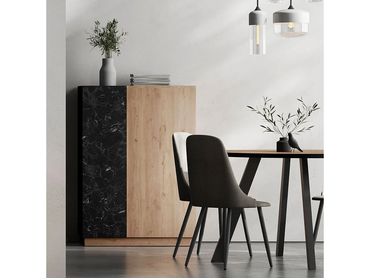 Meuble de rangement 2 portes en mélaminé imitation bois et marbre noir - ODALYS