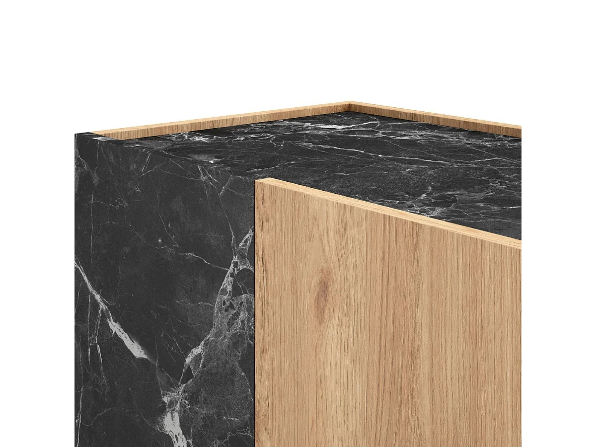 Meuble de rangement 2 portes en mélaminé imitation bois et marbre noir - ODALYS