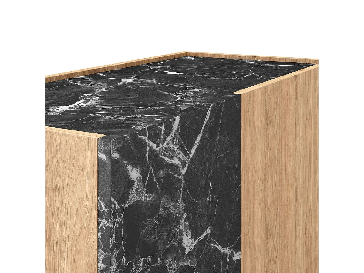 Meuble de rangement 2 portes en mélaminé imitation bois et marbre noir - ODALYS