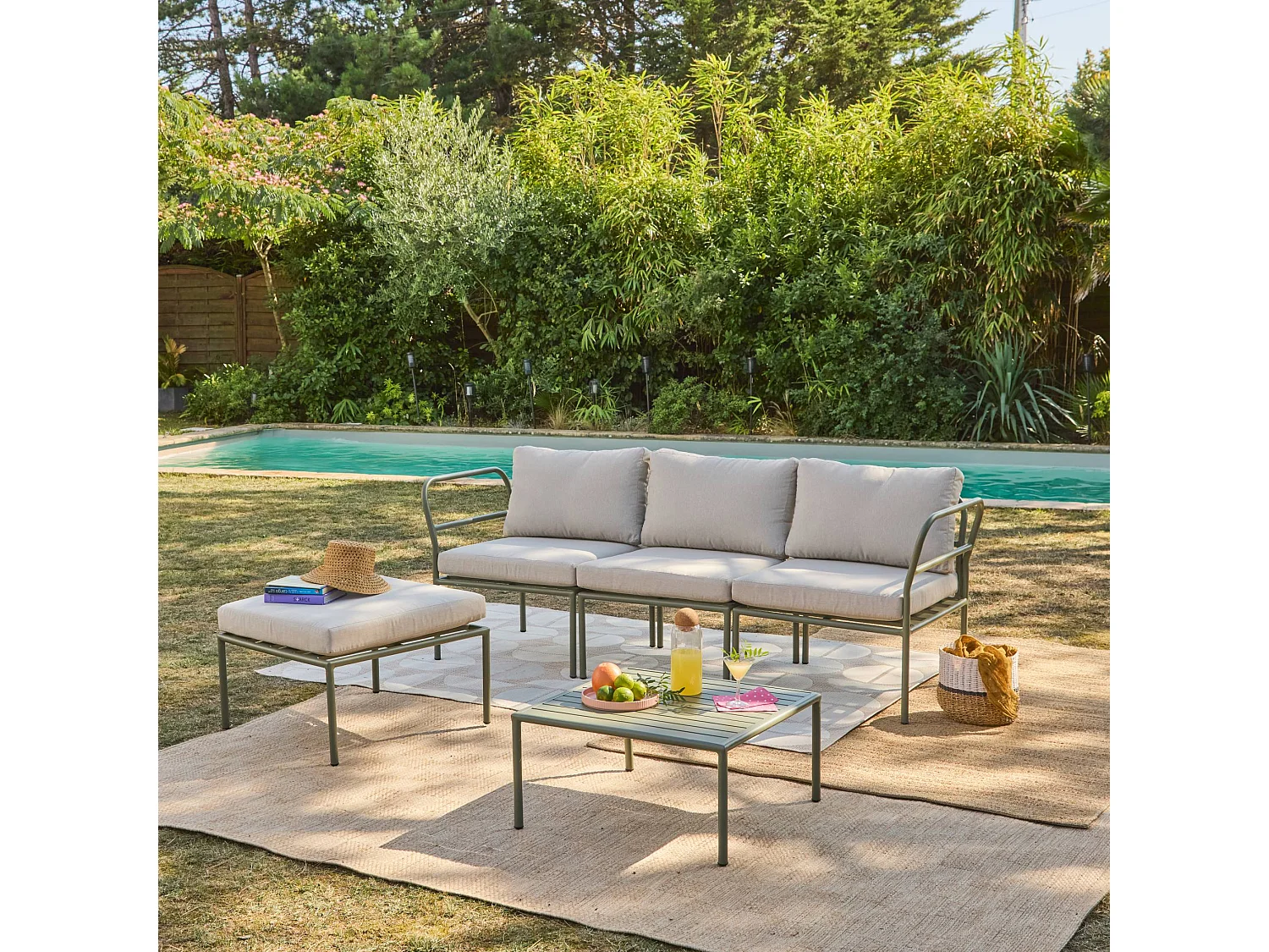 Conjunto de jardín modular de aluminio, 4 plazas verde kaki