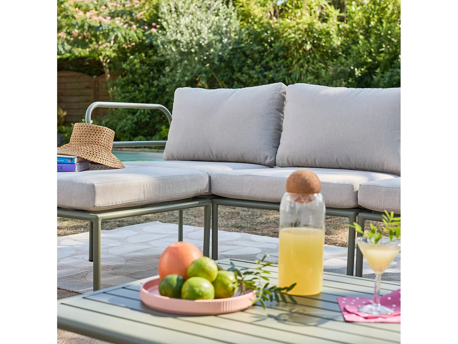 Conjunto de jardín modular de aluminio, 4 plazas verde kaki