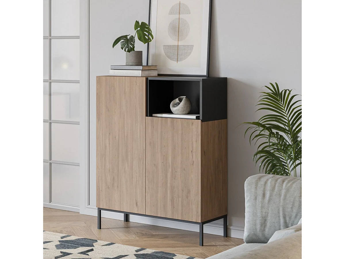 Meuble de rangement 2 portes en mélaminé imitation bois et noir piètement métal laqué noir - CALLAS