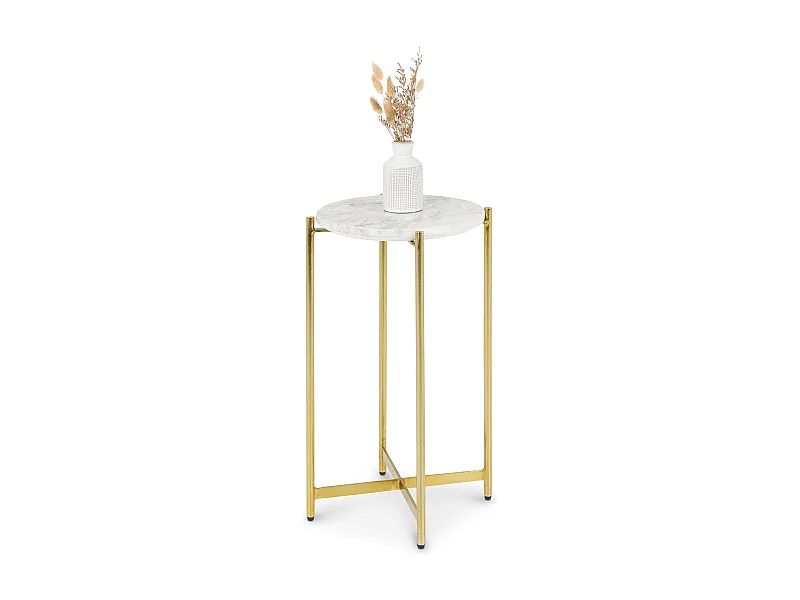 Table d'appoint CRATO H 55 cm Ronde, Plateau en Marbre Couleur Blanc, Bout de Canapé pour Salon Design Chic, Piétement en Métal