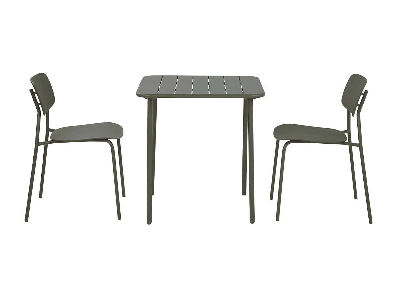 Table de jardin métal + 2 assises kaki. Amelia + Liva 70 x 70cm