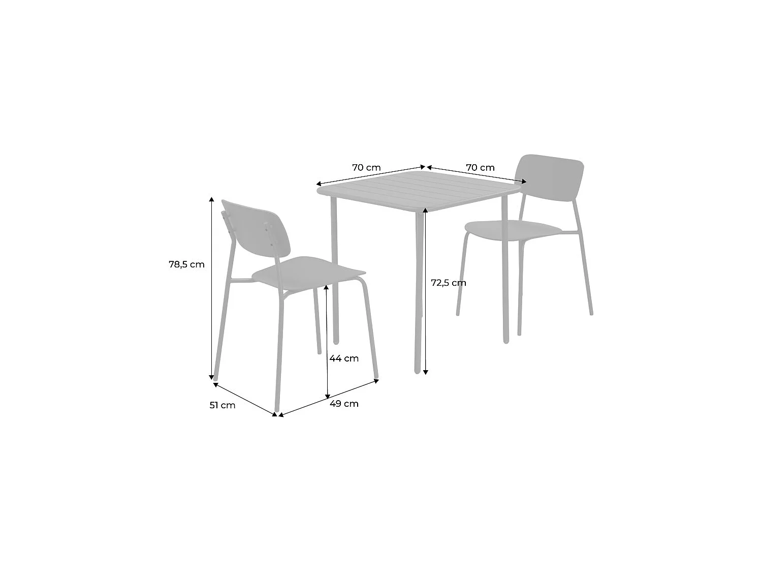 Table de jardin métal + 2 assises kaki. Amelia + Liva 70 x 70cm