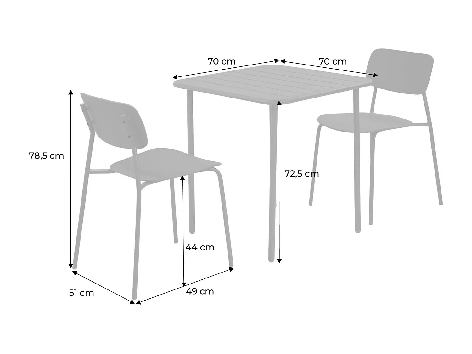 Table de jardin métal + 2 assises kaki. Amelia + Liva 70 x 70cm
