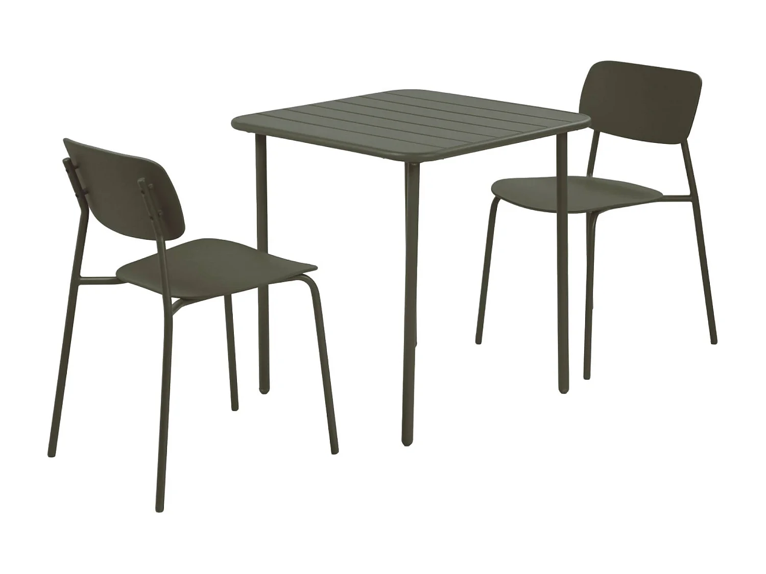 Table de jardin métal + 2 assises kaki. Amelia + Liva 70 x 70cm