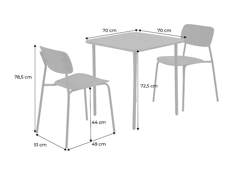 Table de jardin métal + 2 assises kaki. Amelia + Liva 70 x 70cm