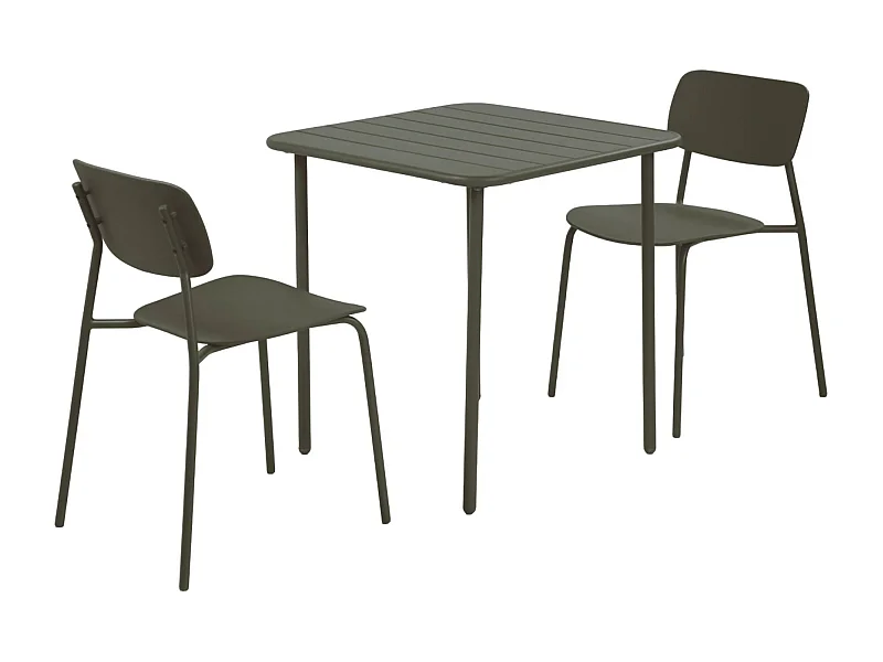 Table de jardin métal + 2 assises kaki. Amelia + Liva 70 x 70cm