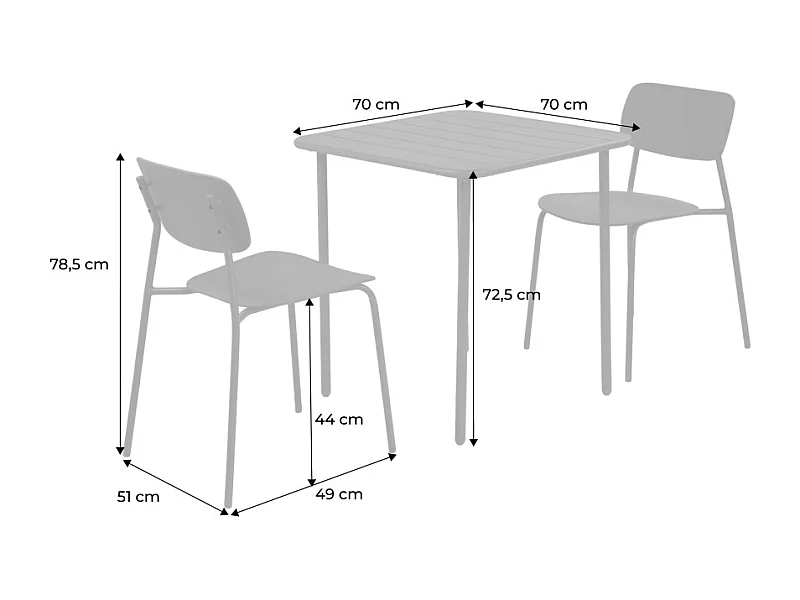 Tavolo da giardino in metallo + 2 sedute, 70cm, terracotta