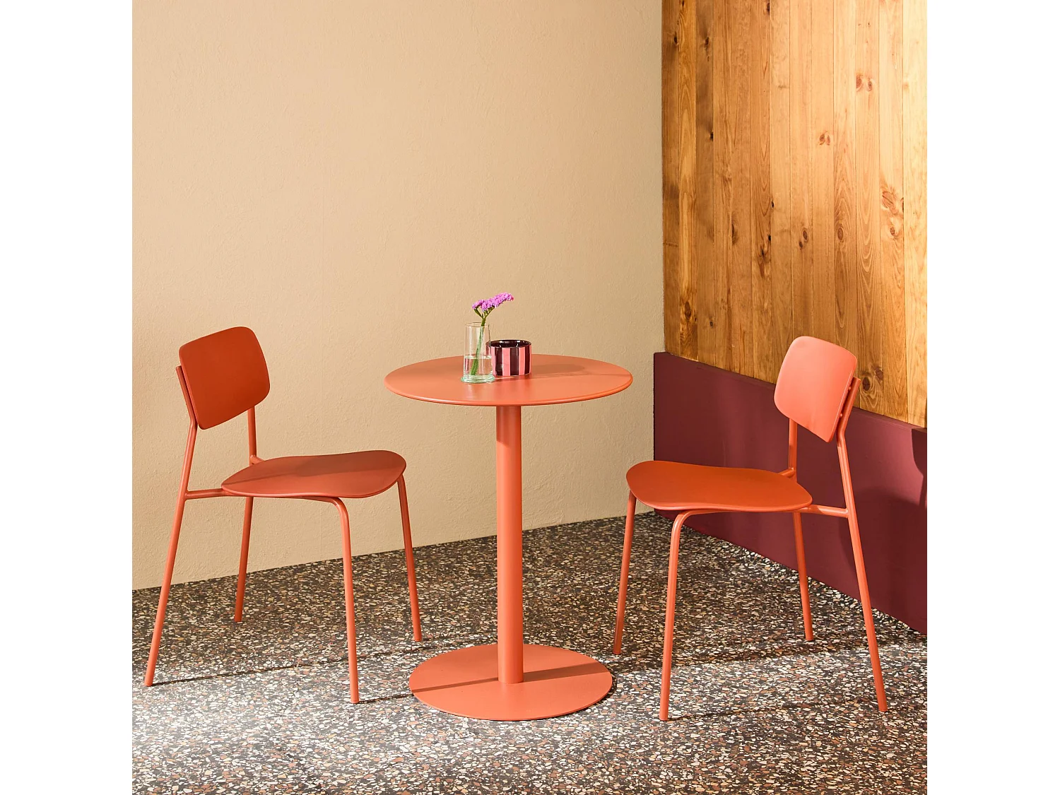 Table de jardin bistrot ronde acier + 2 assises Ø60cm terracotta - Orea + Liva