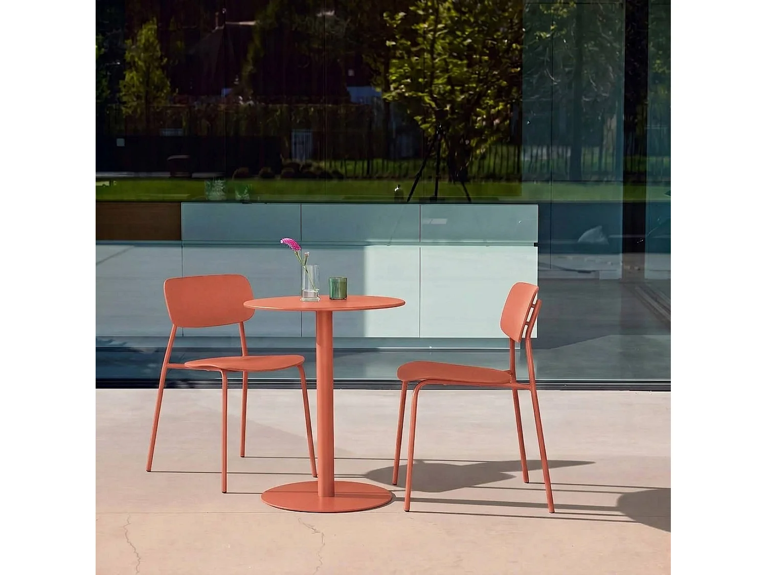 Set tavolo da giardino bistrot rotondo in acciaio con 2 sedie Terracotta - 59.5x59.5x72.5 cm