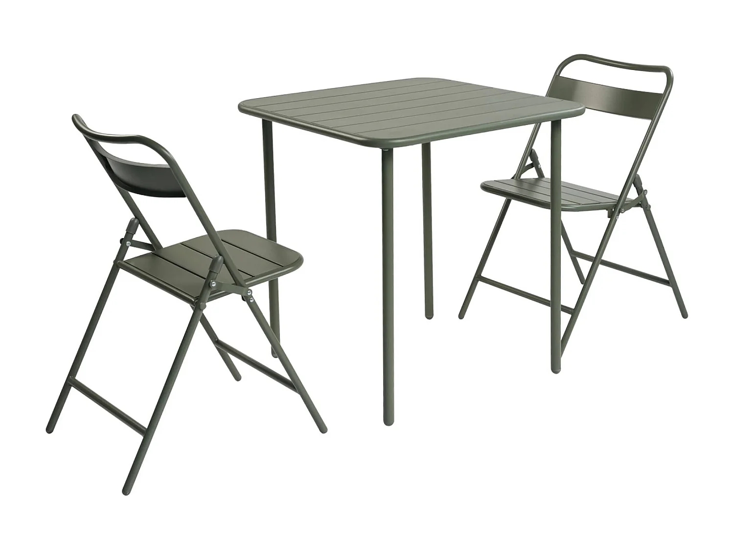 Table de jardin métal + 2 assises kaki. Amelia 70 x 70 cm