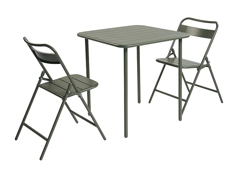 Table de jardin métal + 2 assises kaki. Amelia 70 x 70 cm